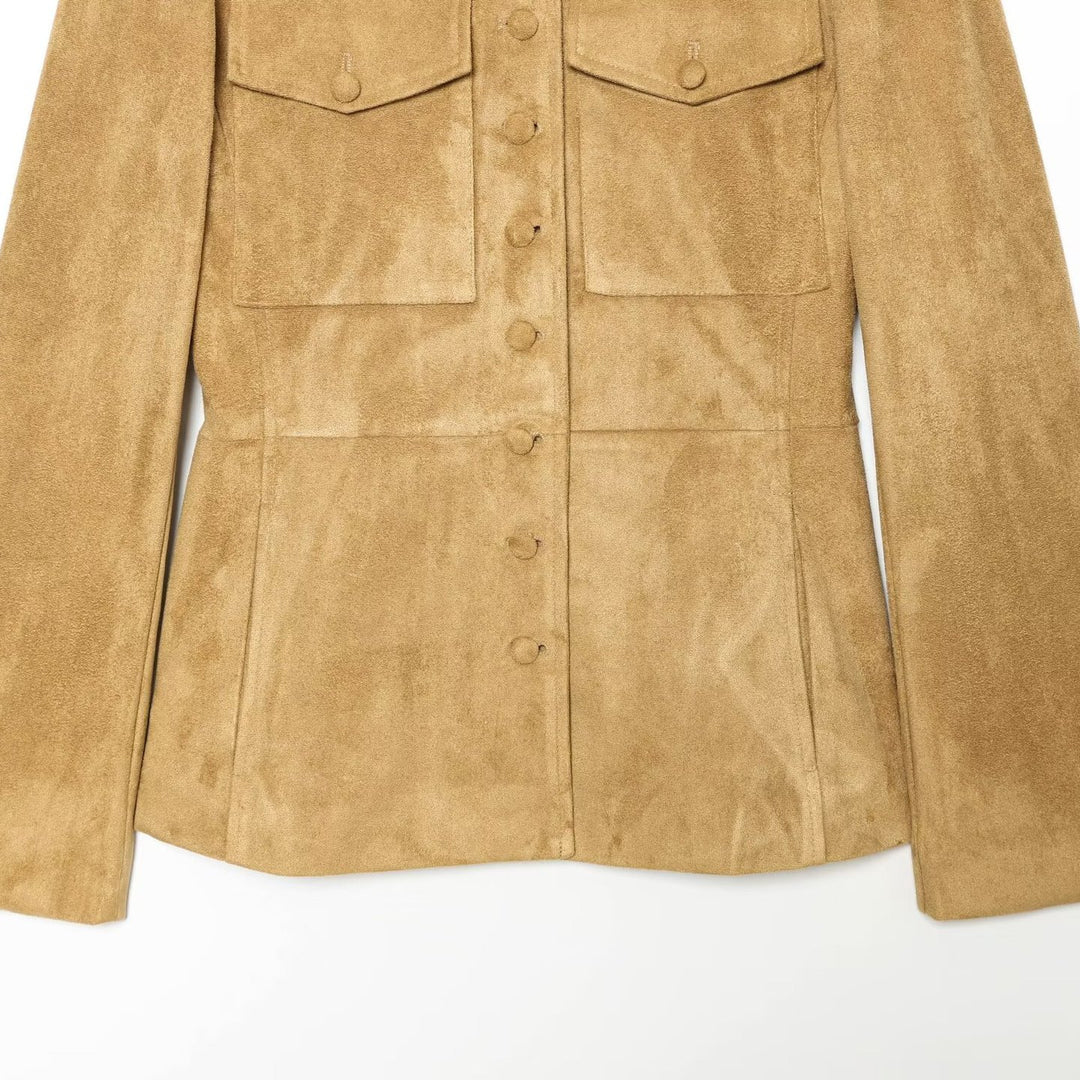 Women's Tailored Suede-Look Jacket in Military Style with Stand-up Collar and Shoulder Straps Mune Fashion