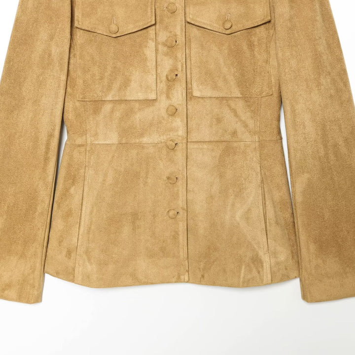 Women's Tailored Suede-Look Jacket in Military Style with Stand-up Collar and Shoulder Straps Mune Fashion