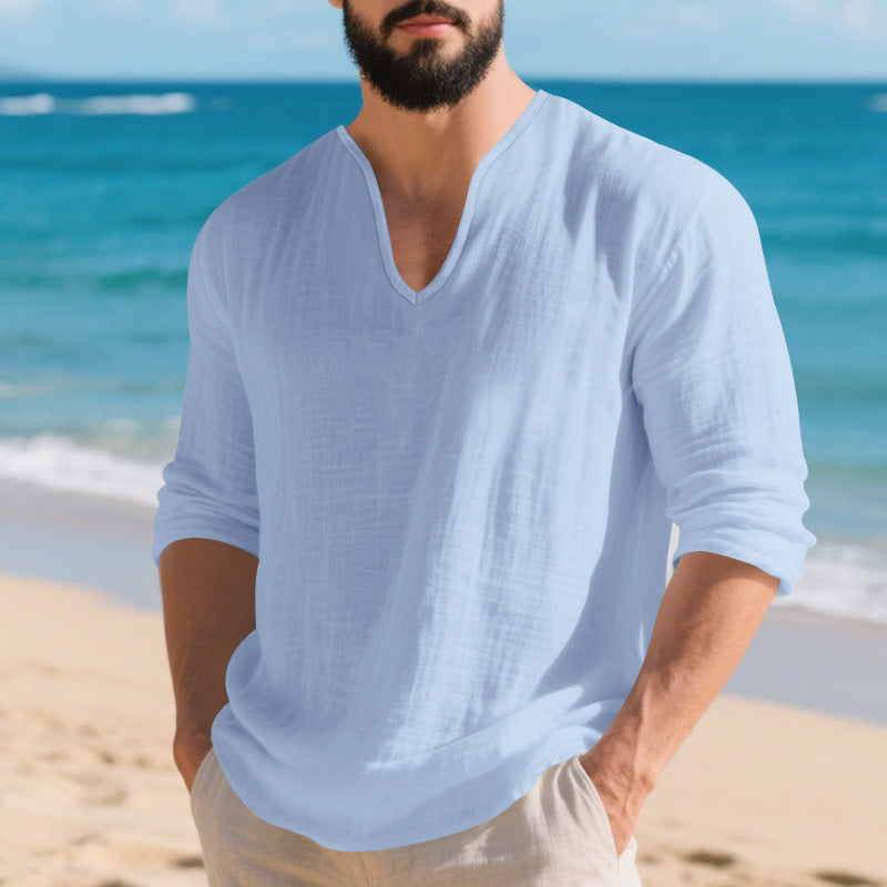 Men's lightweight linen V-neck shirt with a loose fit and roll-up sleeves Mune Fashion