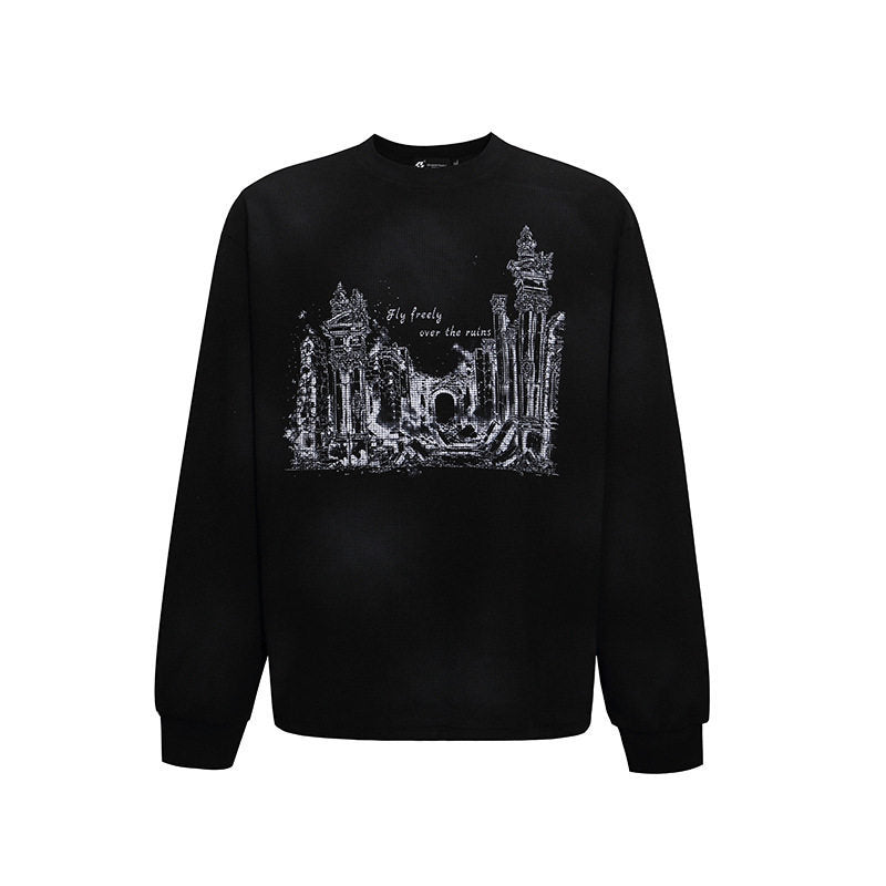 Women’s Oversized Sweatshirt with Waffle Texture, Round Neck and Ruins Sketch Print Mune Fashion
