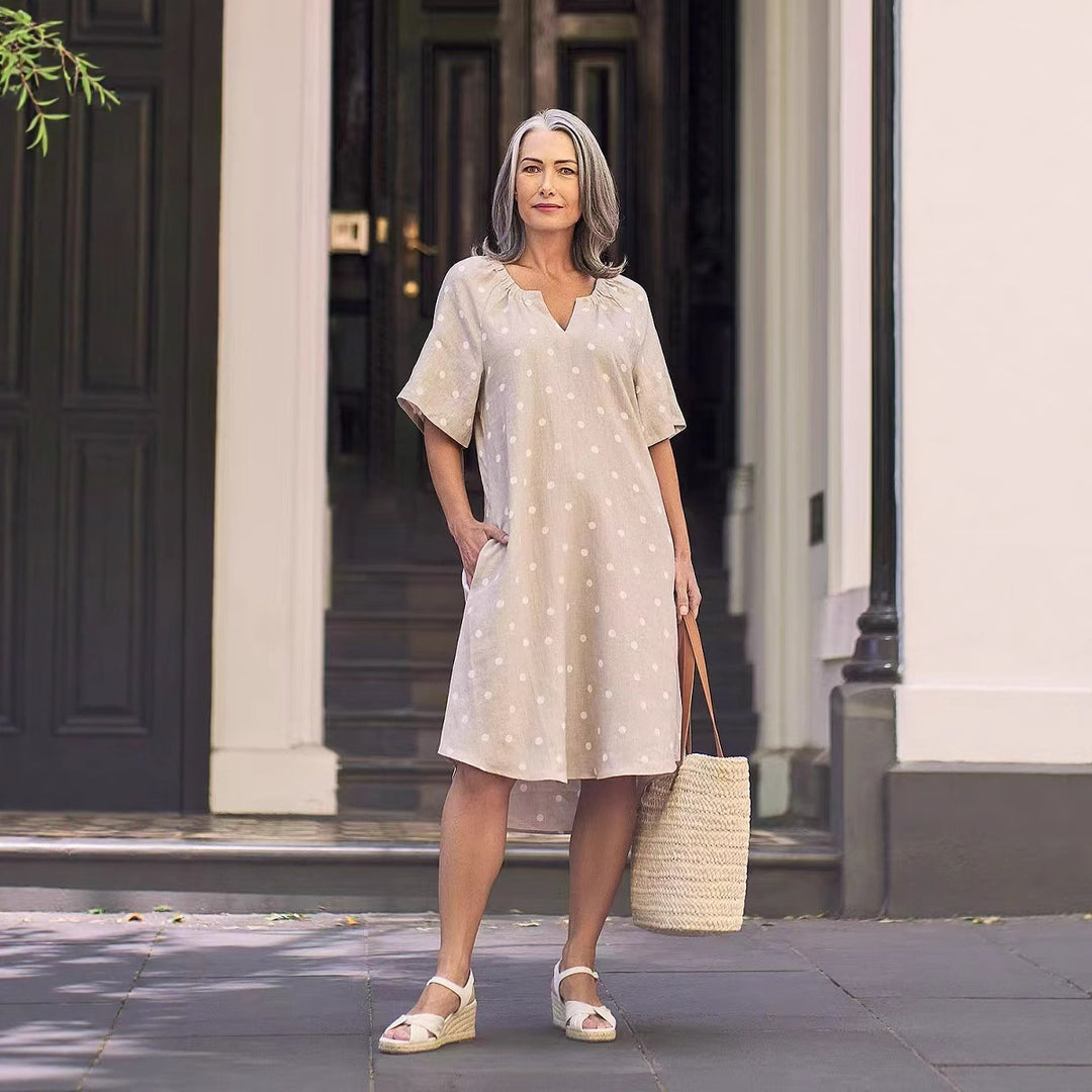 Ladies casual A-line linen look dress with V-neck, gathered shoulder area and side pockets Mune Fashion