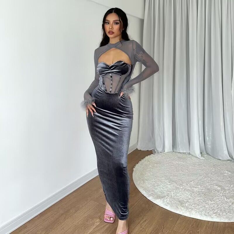 Women's fitted velvet maxi dress with corset bustier and transparent mesh top Mune Fashion