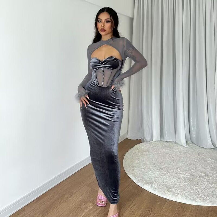 Women's fitted velvet maxi dress with corset bustier and transparent mesh top Mune Fashion