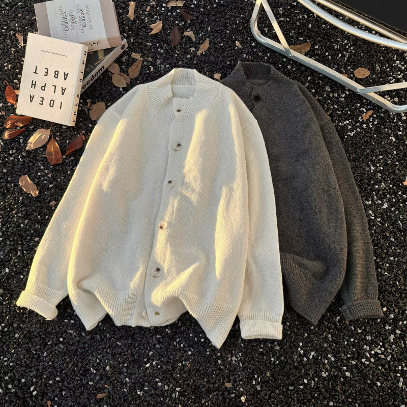 Unisex Oversized Wool Blend Cardigan with Round Neckline, Button Placket and Ribbed Hem Mune Fashion
