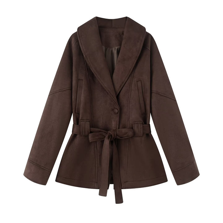 Ladies short coat in kimono style made of velour look with wide shawl collar and waist belt Mune Fashion