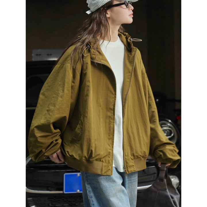 Women's Lightweight Oversized Windbreaker Bomber with Drawstring Hood and Ribbed Hem Mune Fashion