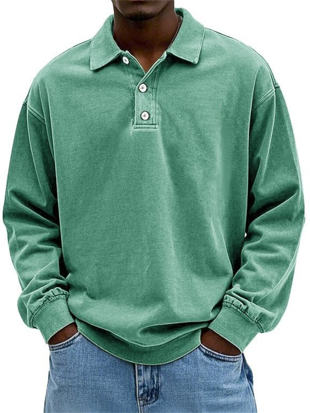 Men's Oversize Denim Look Polo Sweatshirt with Short Button Placket and Elastic Cuffs EB