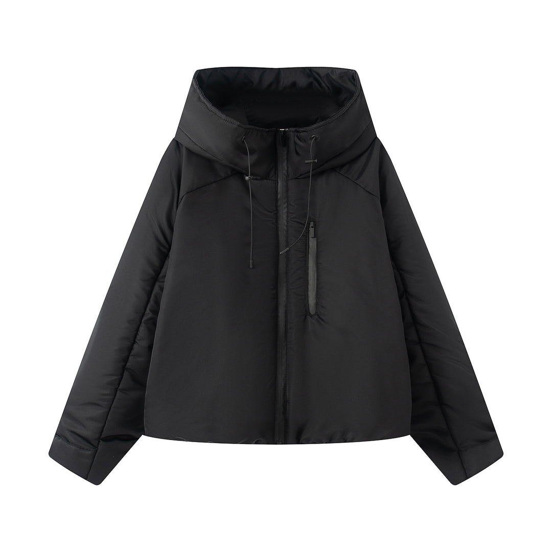 Women's short cut quilted jacket with high stand collar, wide funnel hood, and water-repellent surface Mune Fashion