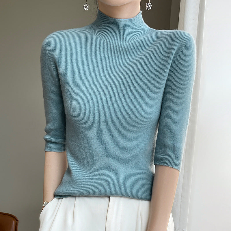 Women's Short Sleeve Mock Neck Sweater with Fluffy Angora Look Mune Fashion