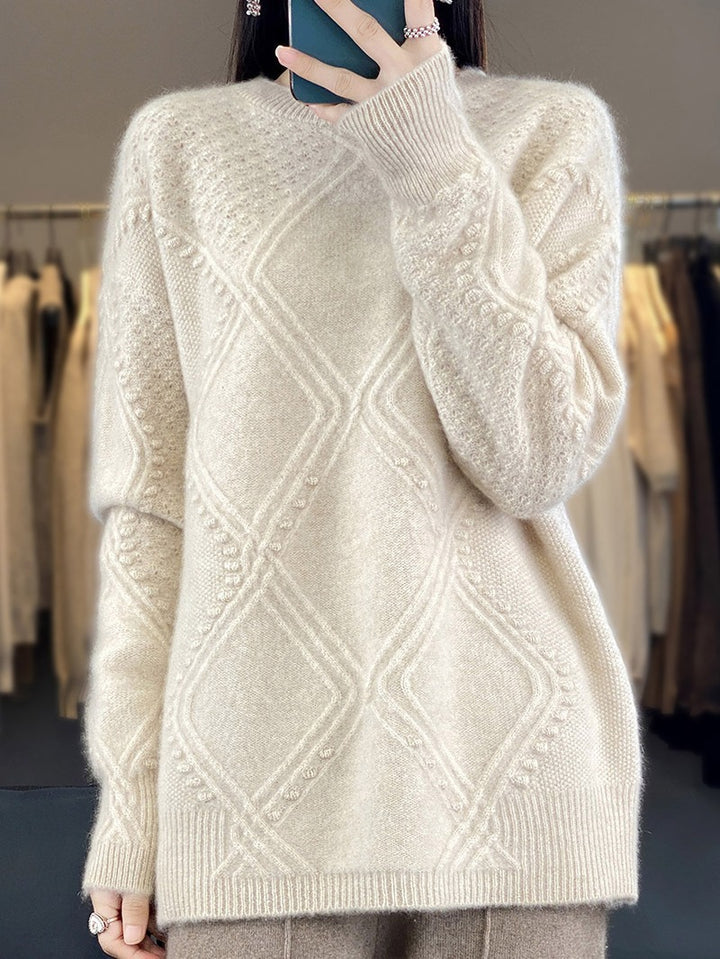 Ladies Cozy Mohair-Look Oversized Sweater with Diamond Structure and Bobble Details Mune Fashion