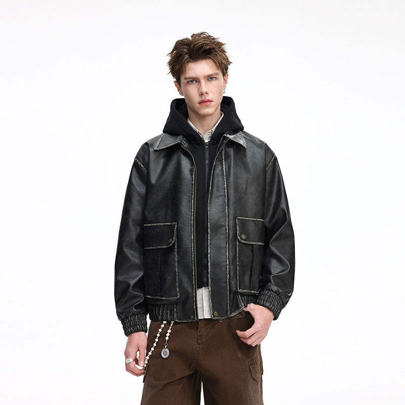 Men's Oversized Faux-Leather Bomber Jacket with Removable Hood and Utility Pockets Mune Fashion