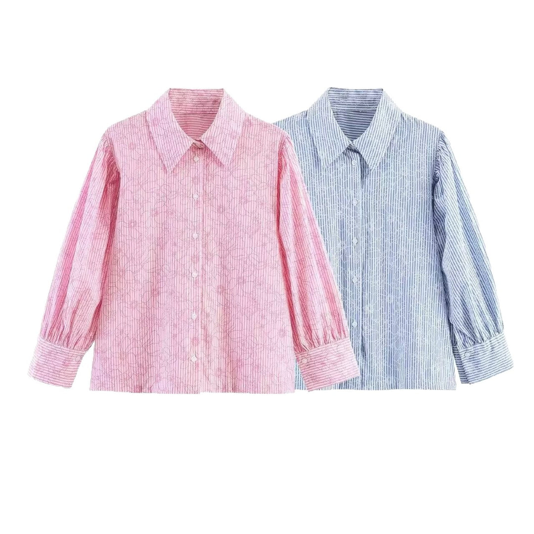 Women Striped Cotton Blouse with Puff Sleeves and Tonal Embroidery Mune Fashion