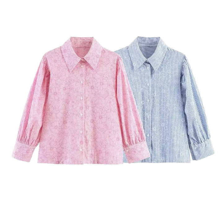 Women Striped Cotton Blouse with Puff Sleeves and Tonal Embroidery Mune Fashion
