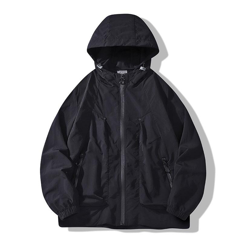 Men's Lightweight Windproof Hooded Ripstop Jacket with Zipper Pockets & Elastic Cuffs Mune Fashion