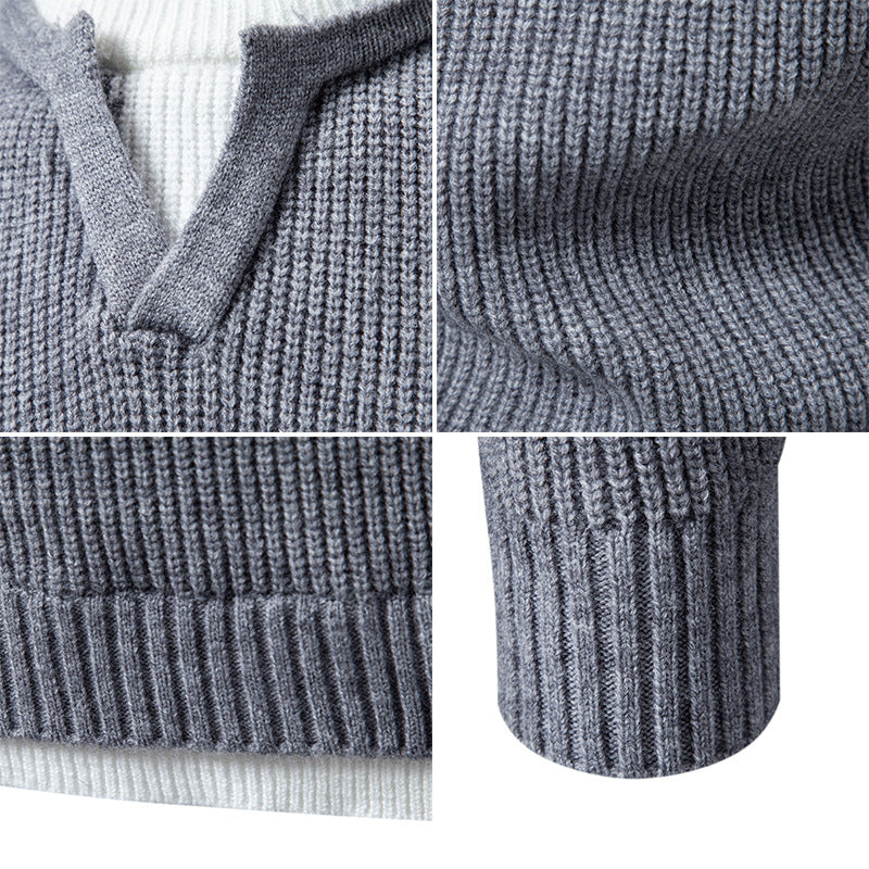Men's Ribbed Knit Sweater with V-Notch and Layered Look Mune Fashion