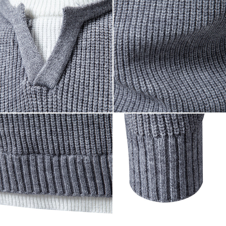 Men's Ribbed Knit Sweater with V-Notch and Layered Look Mune Fashion