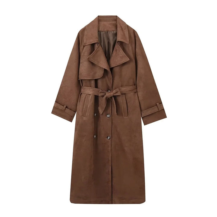 Women's 100+ long suede trench coat with waist belt and double-breasted Mune Fashion