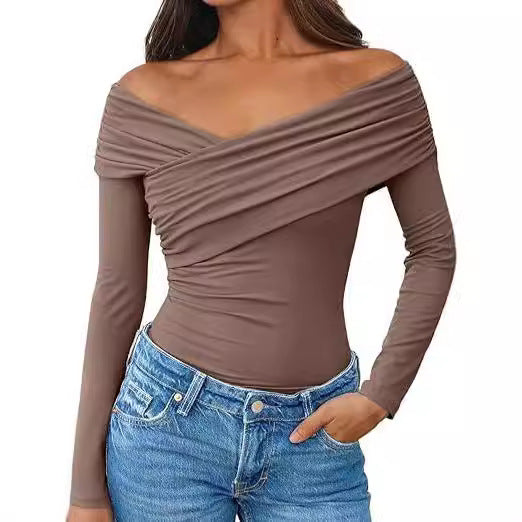 Women Off-Shoulder Long Sleeve Top with Wrap Look and Figure-Hugging Stretch Jersey