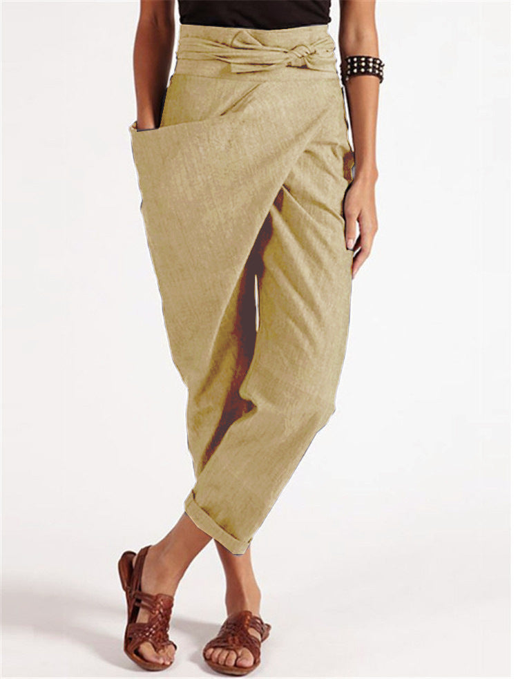 Women's wrap pants made of linen blend with high waistband, overlapping front and generous side pocket Mune Fashion