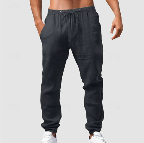 Men's relaxed sporty linen leisure pants with drawstring waistband, elastic ankle cuffs, and side seam pockets Mune Fashion
