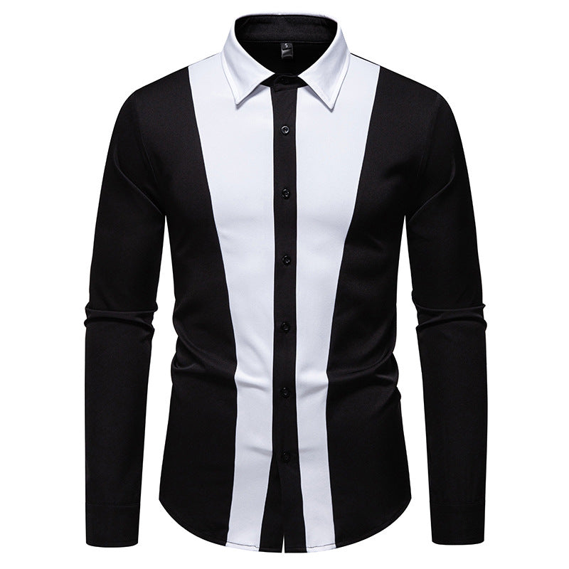 Men's Fitted Long Sleeve Shirt with Contrasting Center Stripes and Kent Collar Mune Fashion