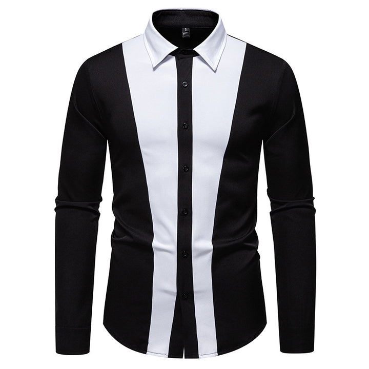 Men's Fitted Long Sleeve Shirt with Contrasting Center Stripes and Kent Collar Mune Fashion