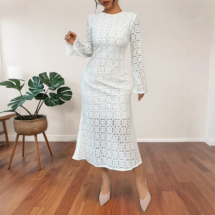 Ladies' midi dress made of crochet lace with a fitted silhouette, trumpet sleeves, and flared hem Mune Fashion