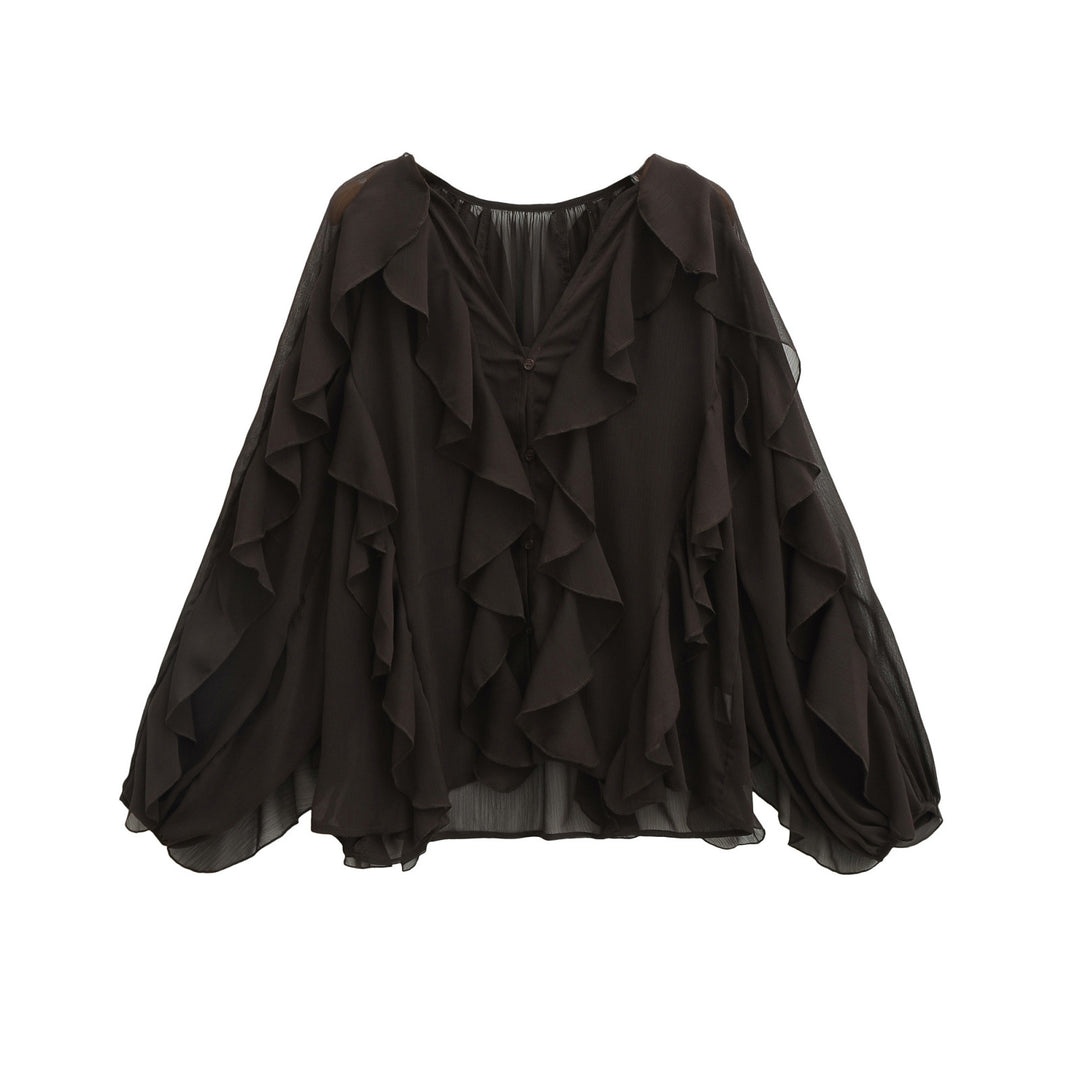 Women's Ruffle Chiffon Blouse with Button Placket, Gathered Neckline and Balloon Sleeves Mune Fashion