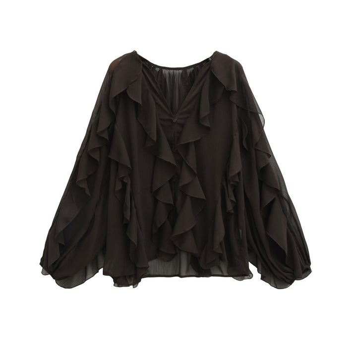 Women's Ruffle Chiffon Blouse with Button Placket, Gathered Neckline and Balloon Sleeves Mune Fashion