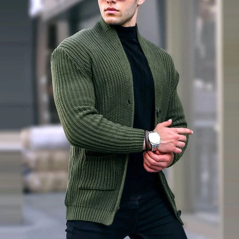 Men's chunky knit cardigan with shawl collar and patch pockets Mune Fashion