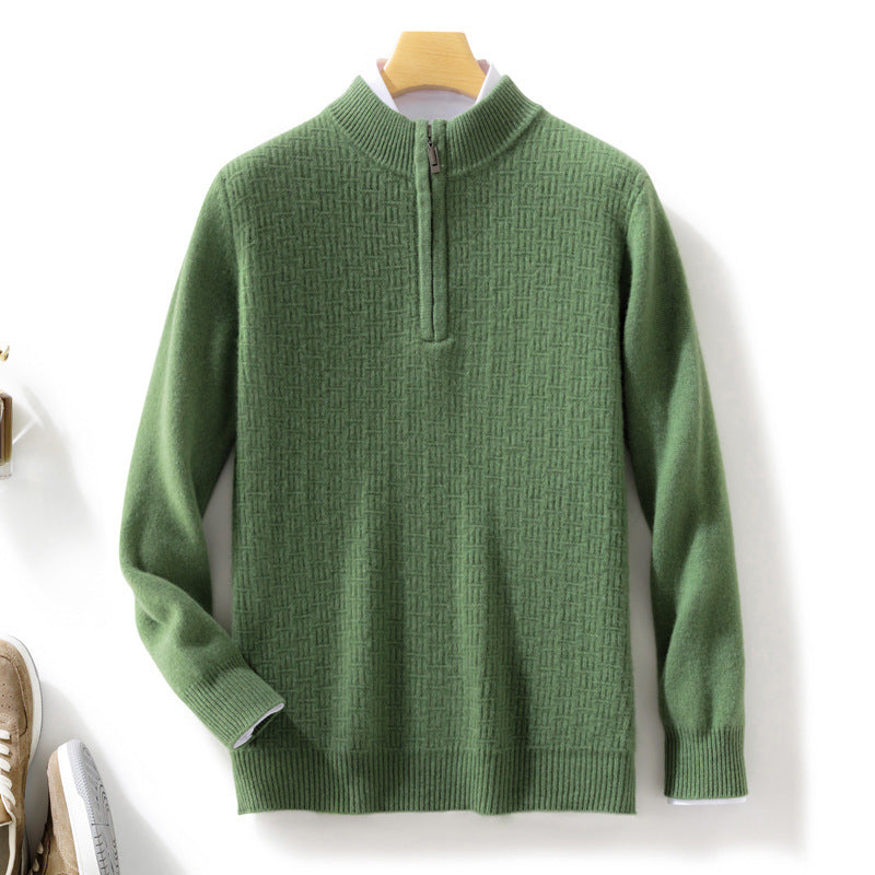 Men's Semi-high Fine Knit Sweater with Short Stand-Up Collar and Half Zipper Mune Fashion