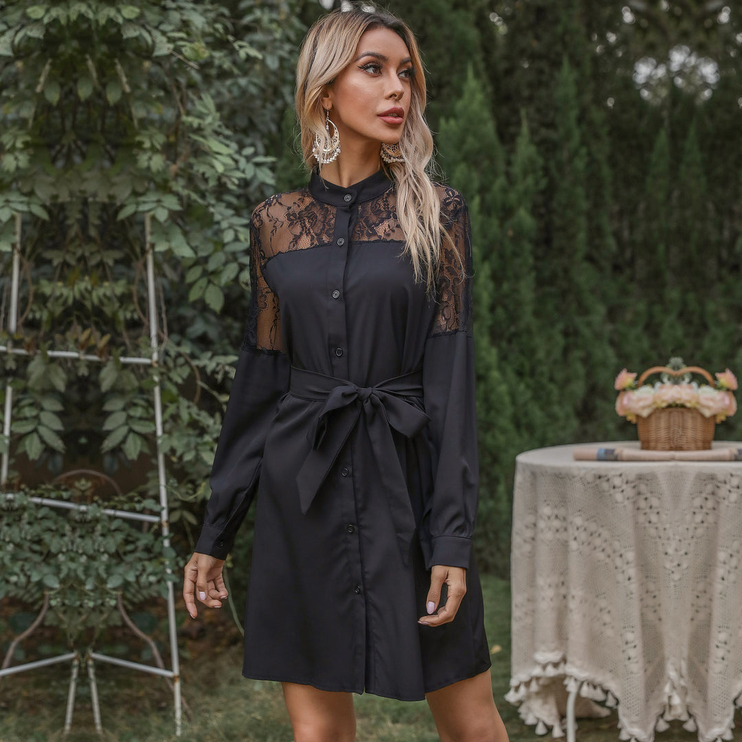 Women A-line shirt dress with lace insert, tie belt and button placket Mune Fashion