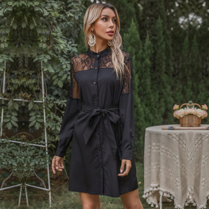 Women A-line shirt dress with lace insert, tie belt and button placket Mune Fashion