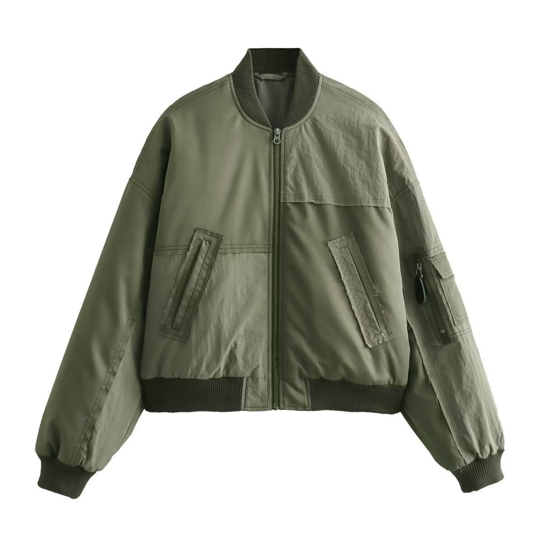 Women's Short Oversized Bomber Jacket with Utility Pockets and Ribbed Cuffs Mune Fashion