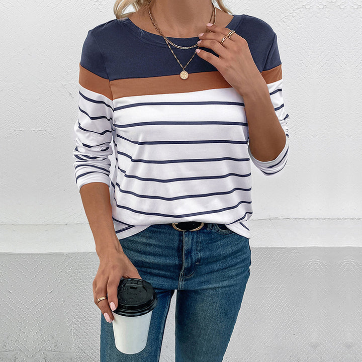 Women Casual Stripe Top with Round Neckline Mune Fashion