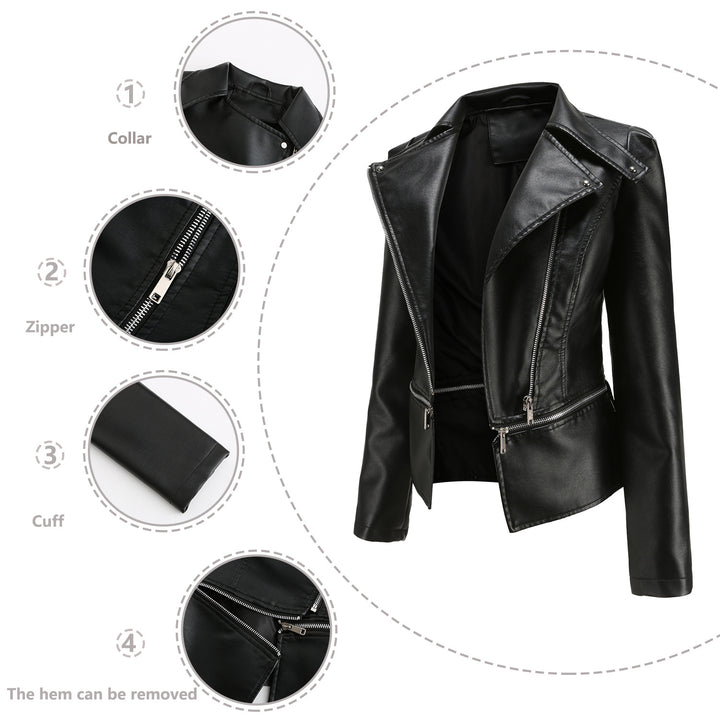 Women's fitted faux leather biker jacket with asymmetric lapel collar Mune Fashion