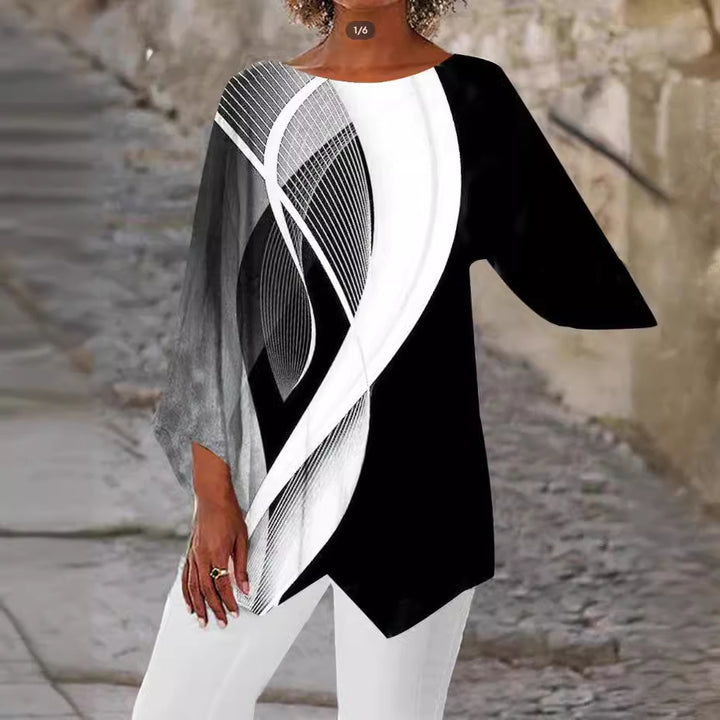 Women Asymmetrical Long Shirt with Graphic Print and Bat Sleeves Mune Fashion