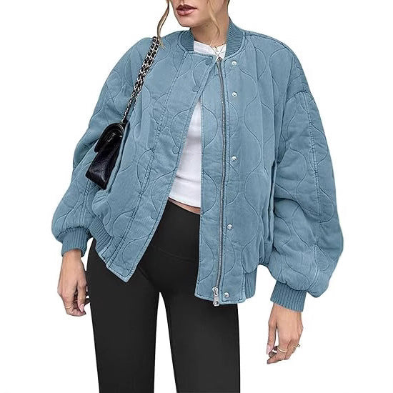 Women's Padded Oversized Quilted Bomber Jacket with Ribbed Cuffs and Decorative Stitching Mune Fashion