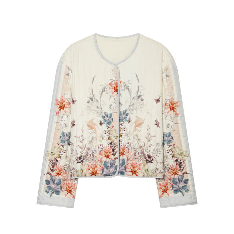 Women's quilted flower cardigan jacket with round neck, light padding and continuous press stud placket Mune Fashion