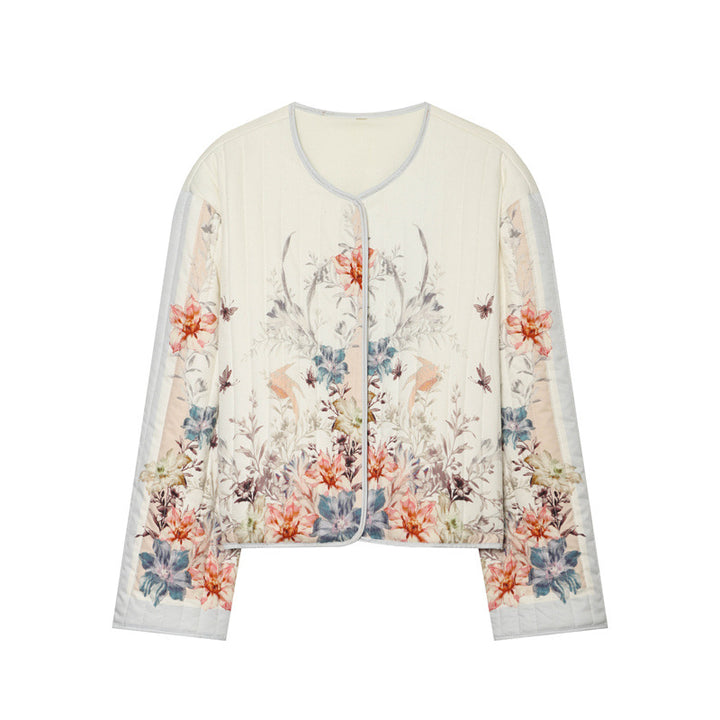 Women's quilted flower cardigan jacket with round neck, light padding and continuous press stud placket Mune Fashion