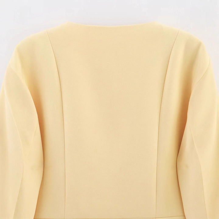 Women tailored round neck blazer jacket with concealed button placket, flap pockets and figure-enhancing seam lines Mune Fashion