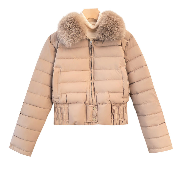 Women's short quilted bomber jacket with removable fur collar and fitted ribbed waistband Mune Fashion