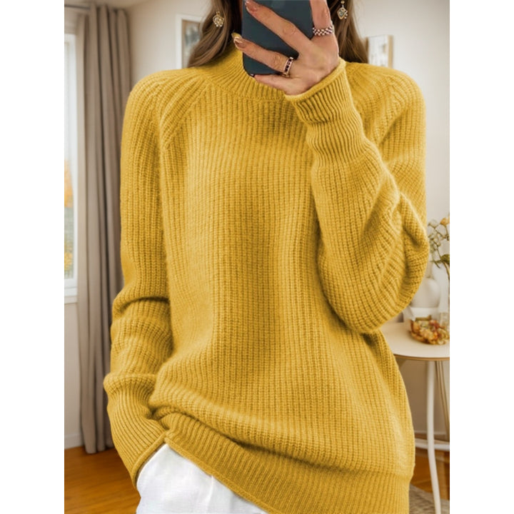 Women's cozy knitted sweater with stand-up collar and ribbed structure Mune Fashion