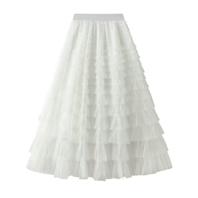 Women's layered tulle midi skirt with elastic waistband and ruffles Mune Fashion