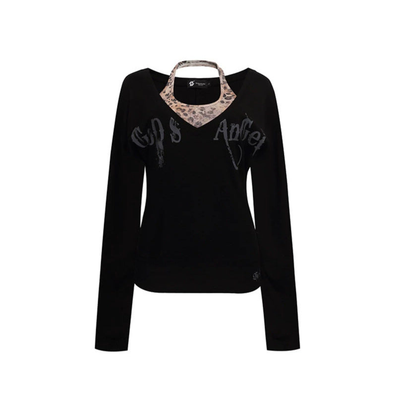Women's Layered Long Sleeve Shirt with Integrated Halter Neck and Vintage Graphic Mune Fashion