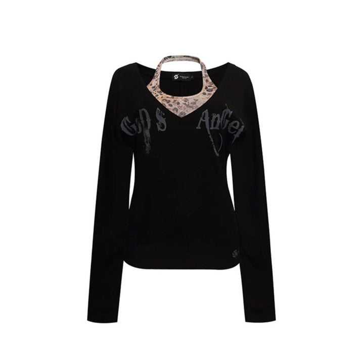Women's Layered Long Sleeve Shirt with Integrated Halter Neck and Vintage Graphic Mune Fashion