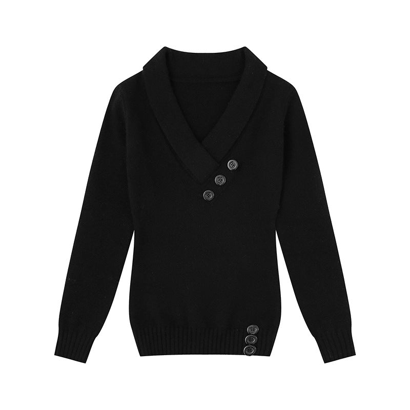 Women’s fine knit pullover with shawl collar, V-neck and decorative buttons Mune Fashion