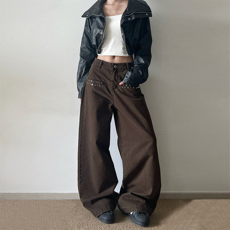 Women Extra Wide High-Waist Cotton Twill Trousers with Stud Trim and Palazzo Cut Mune Fashion