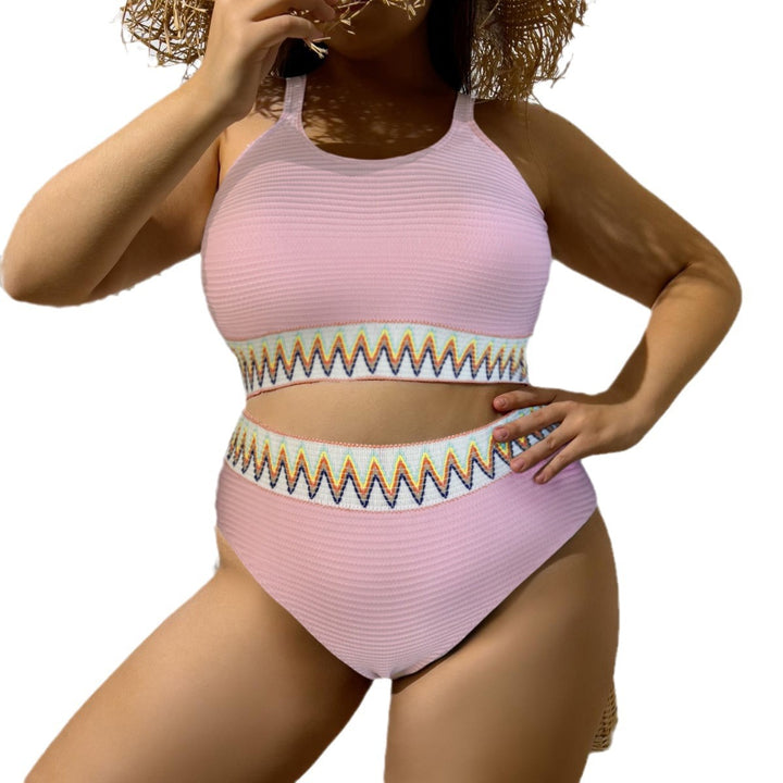 Ladies Sporty Two-Piece Swimsuit with Unique Cut-Out Design and Colorful Banner Pattern Mune Fashion