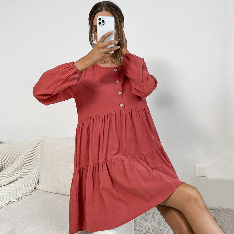 Women's Loose Cord Ruffle Dress with Tiered Skirt & Decorative Button Placket Mune Fashion